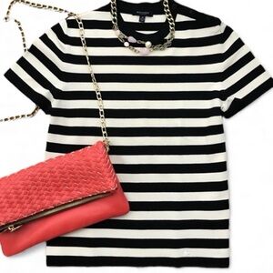 Burberry London Black & Cream Crewneck Striped Short Sleeve Sweater Top Tee